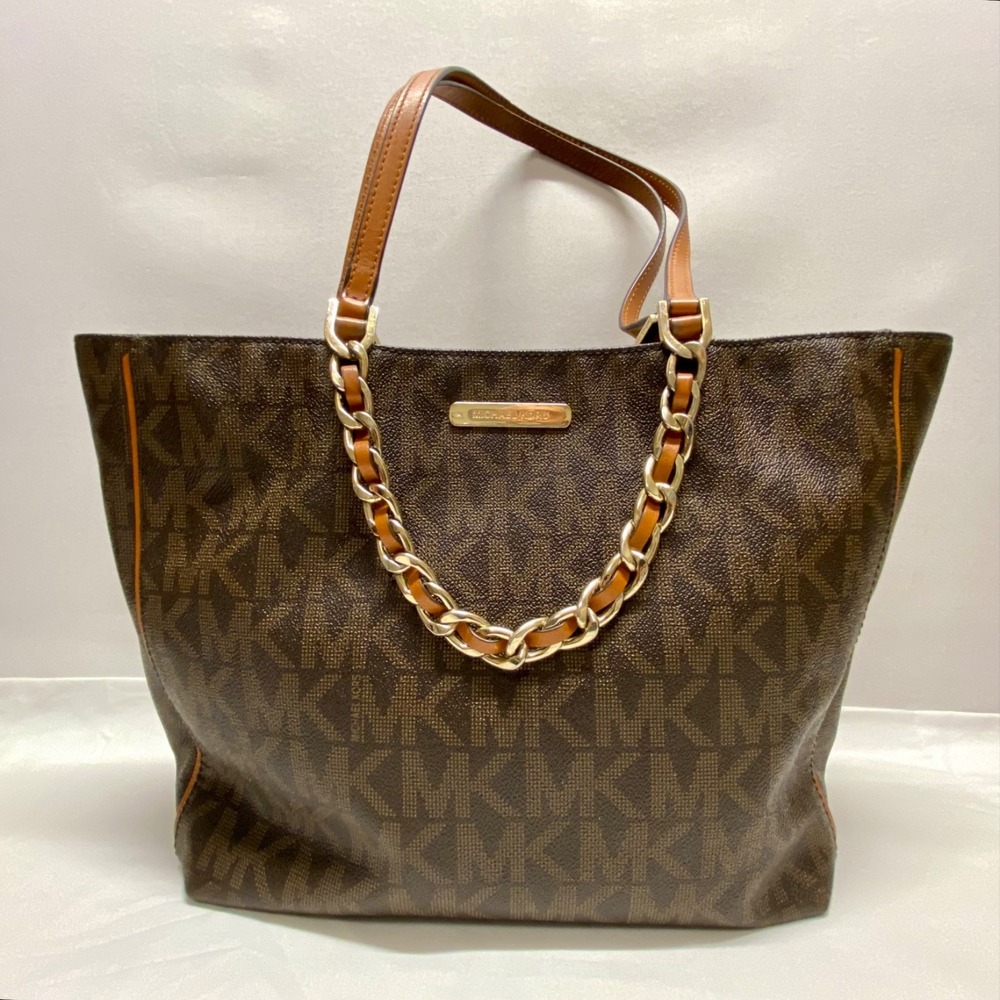 Michael Kors East West Tote Bag Signature Brown MK Logo Gold Harper Chain Purse